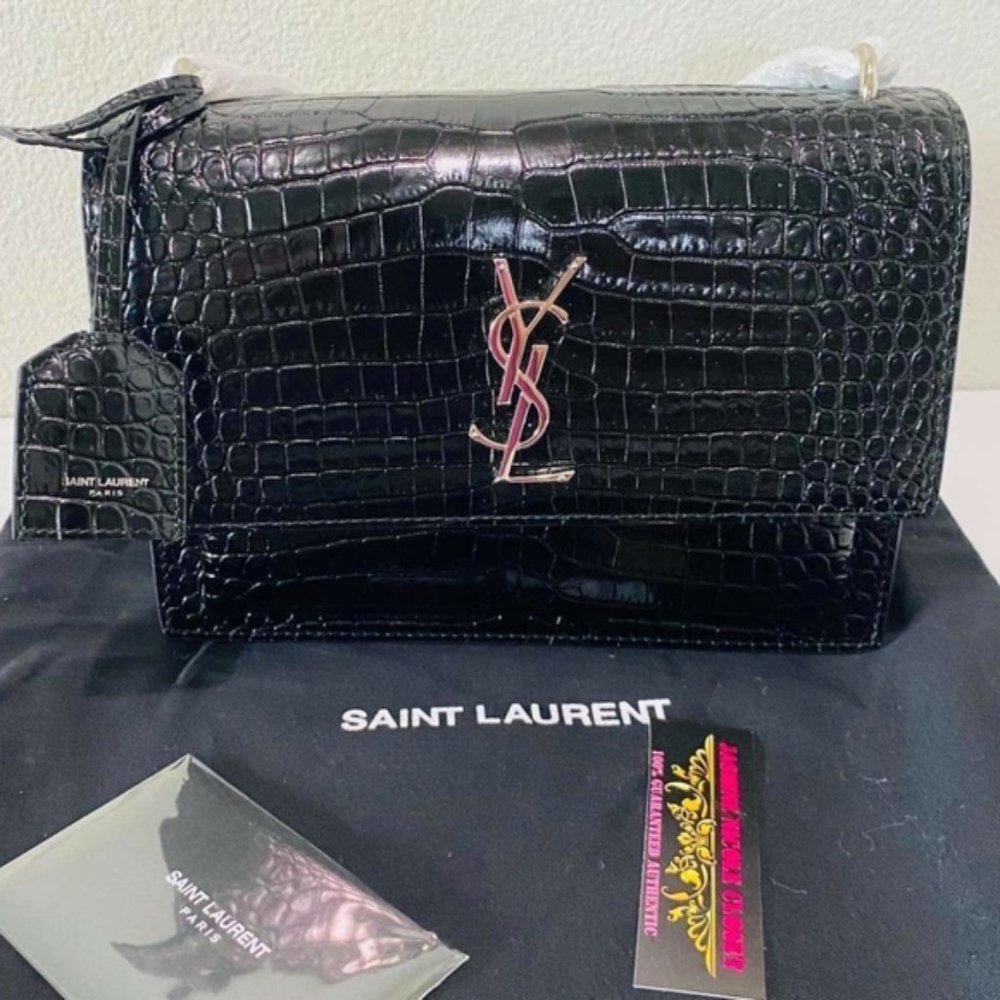 YSL SUNSET Medium Croc black Crossbody Brand New - Picture 3 of 15